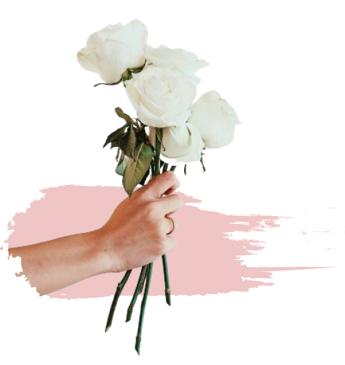 Une main tenant un bouquet de roses blanches.