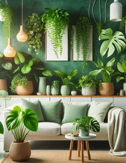Intérieur confortable avec canapé et décoration en plantes vertes.