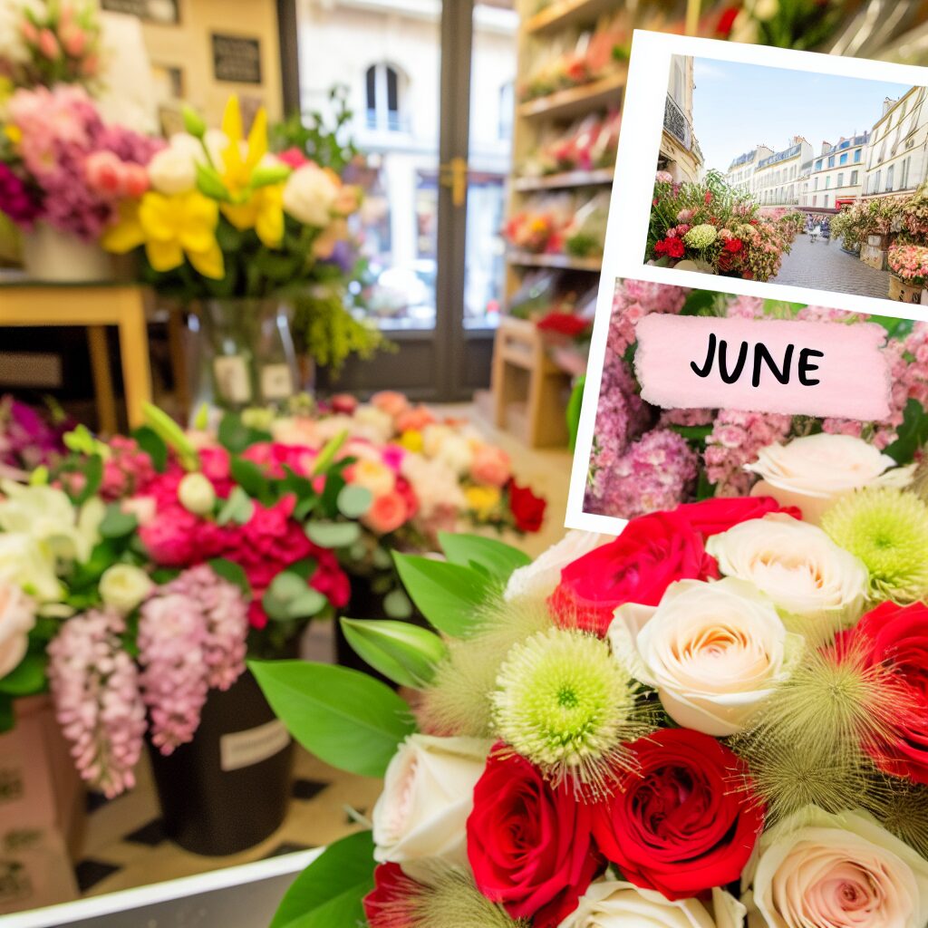 Fleurs colorées devant un magasin avec un panneau "June".