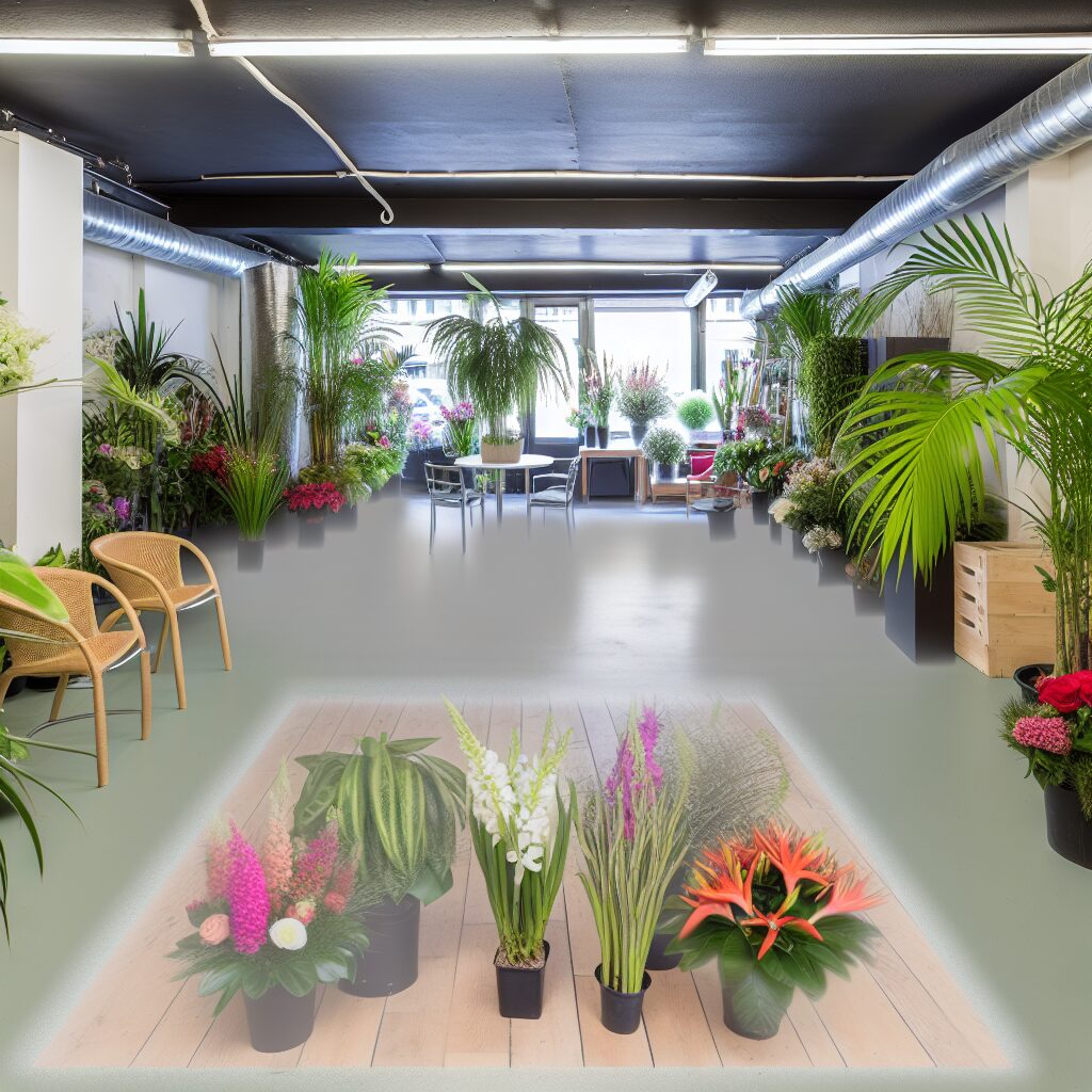 Bureau moderne avec plantes et espace de détente lumineux.