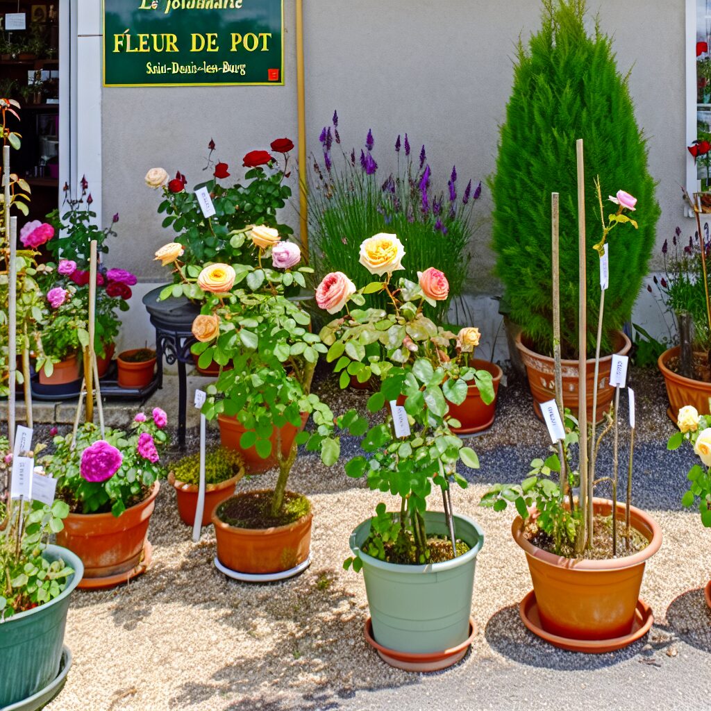 Pépinière avec roses et plantes en pots devant magasin.