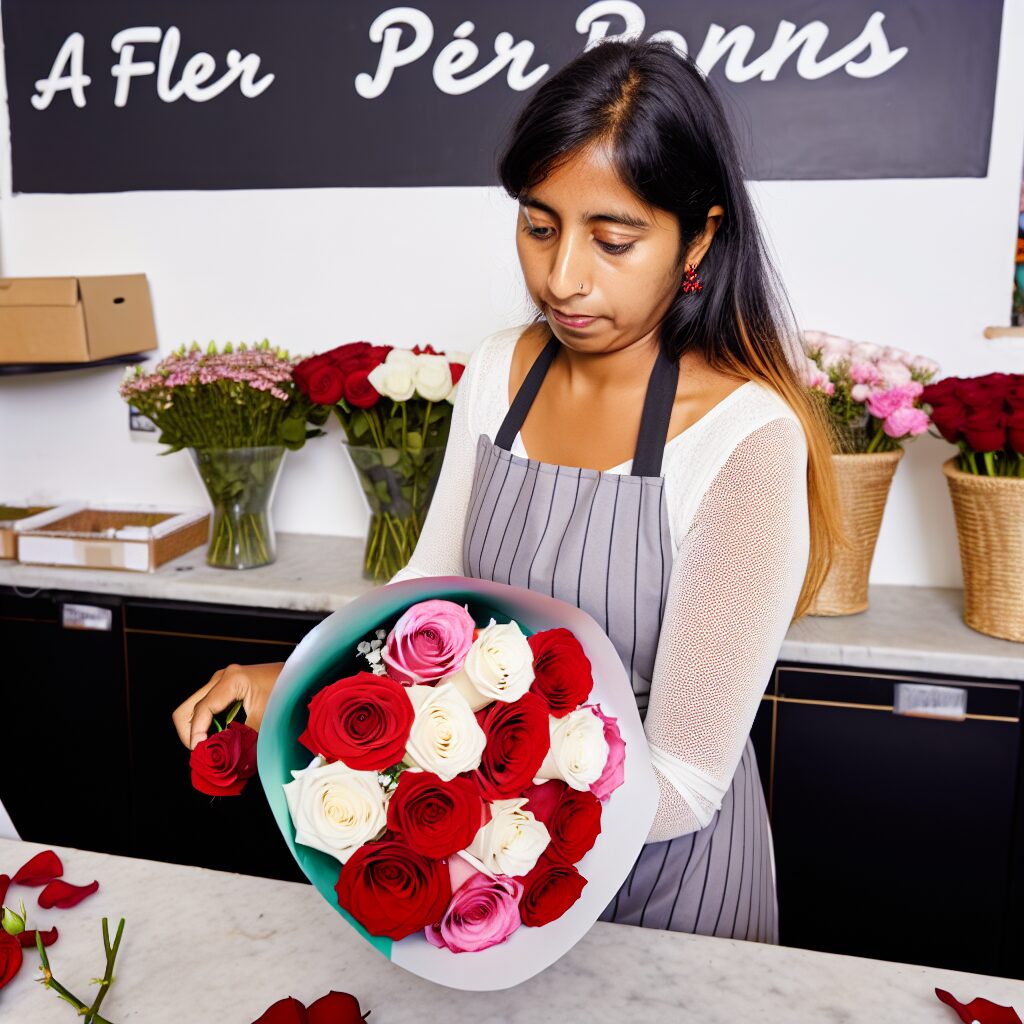 Femme arrangeant des roses rouges et blanches dans une boutique.