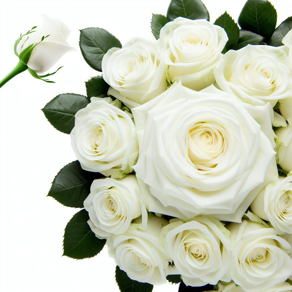 Bouquet de roses blanches sur fond blanc.