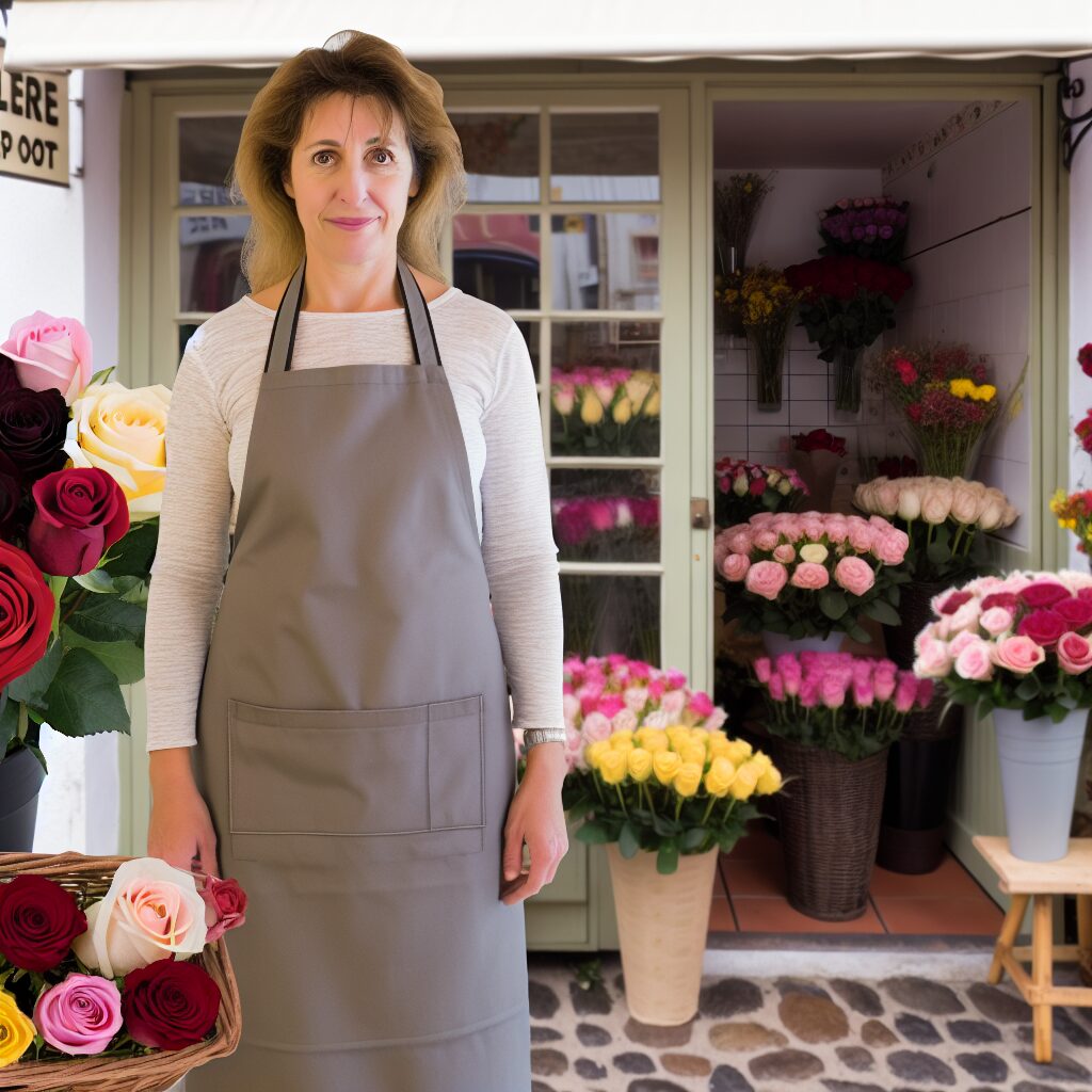 Fleuriste souriante tenant un panier de roses devant sa boutique.