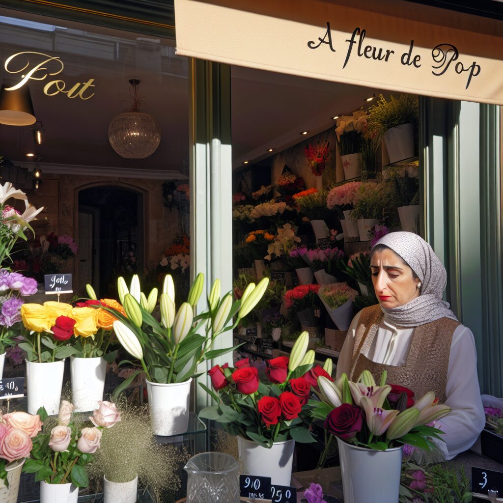 Femme près d'un étalage de fleurs colorées en magasin.