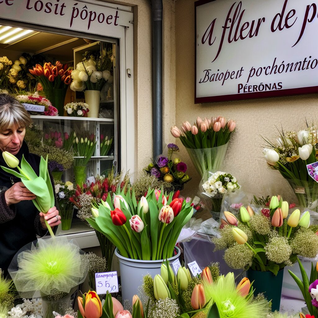 Femme achetant des tulipes à un marché aux fleurs.