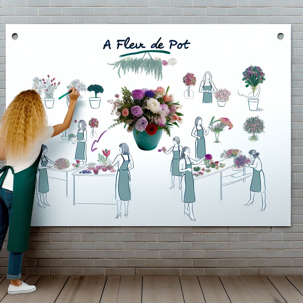 Femme dessinant sur tableau blanc avec illustrations de fleurs.