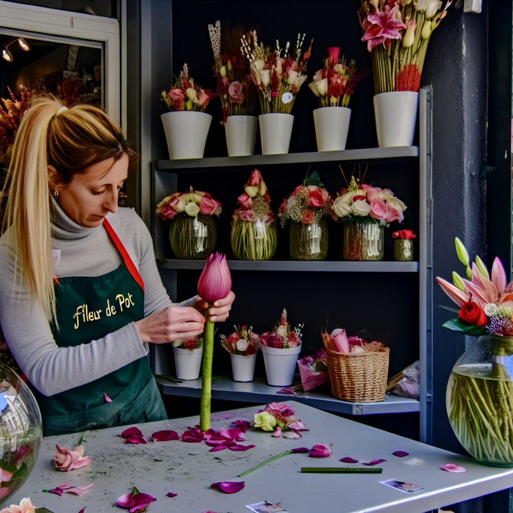 Fleuriste arrangeant des fleurs dans une boutique.