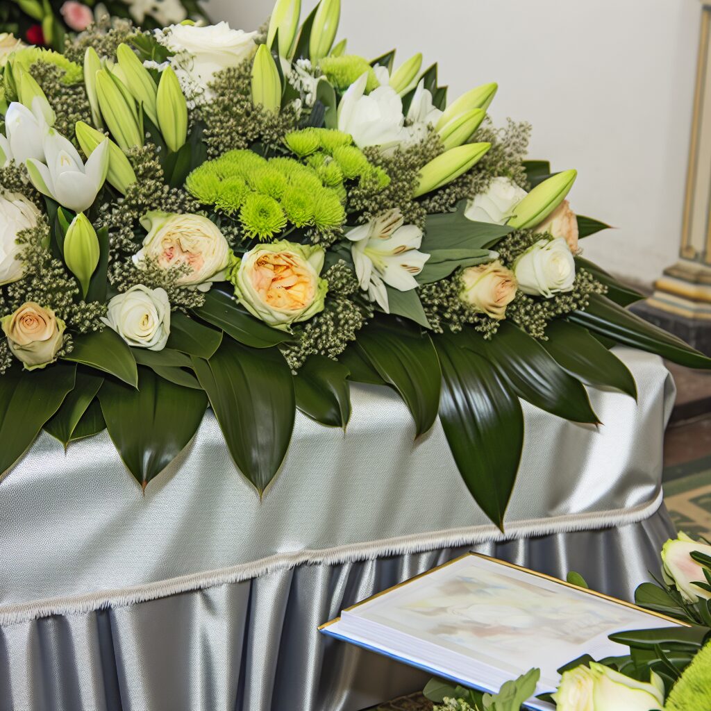Composition florale sur cercueil avec livret de cérémonie.